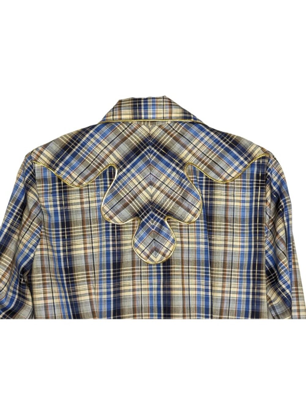 Clover Custom long sleeve blue brown plaid gold trim cowgirl Vintage Shirt M - Picture 3 of 11